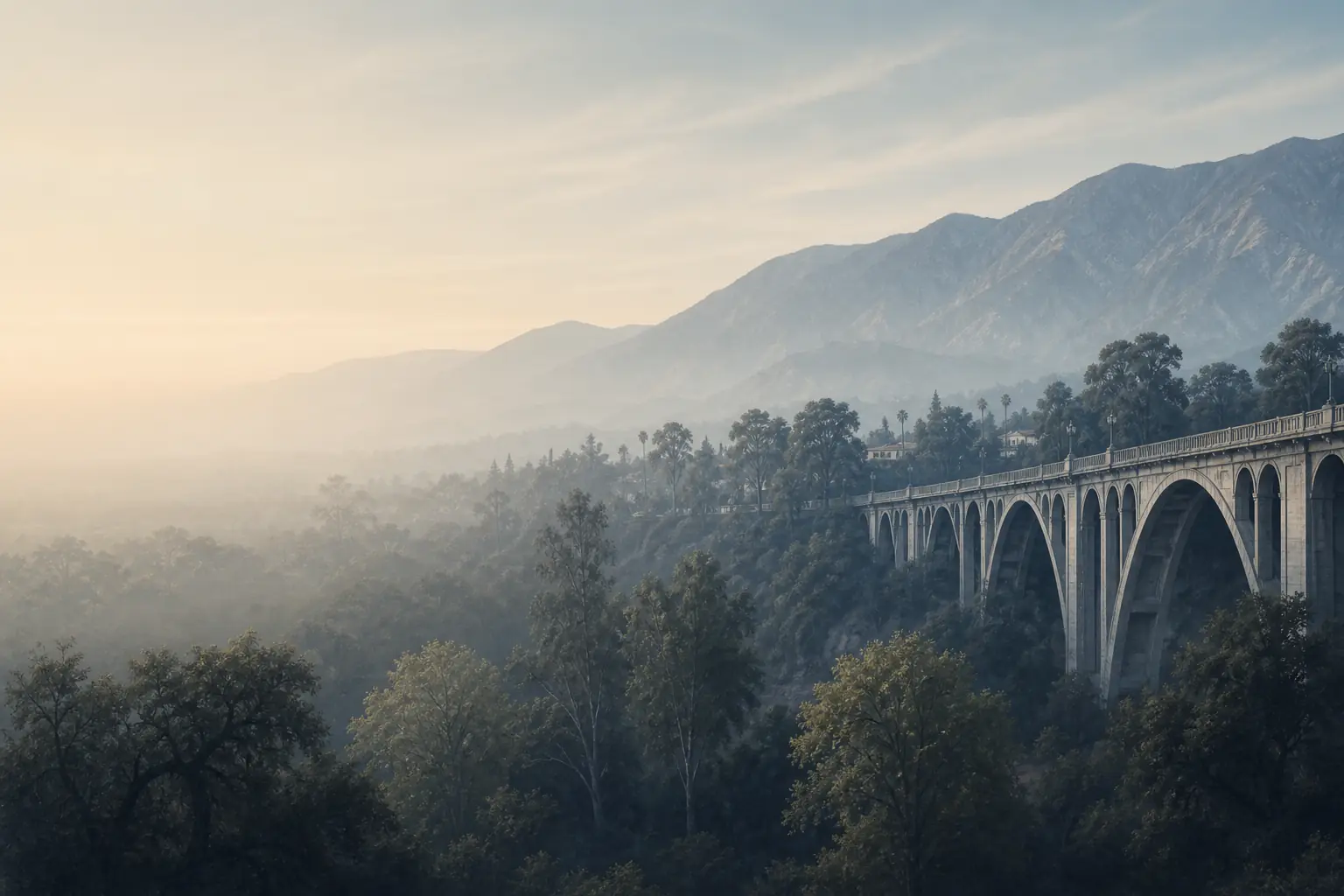 Concrete arches spanning an oak-filled arroyo below the San Gabriel Mountains in Pasadena, California